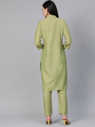 Women Green Embroidered Detail Kurta with Trousers