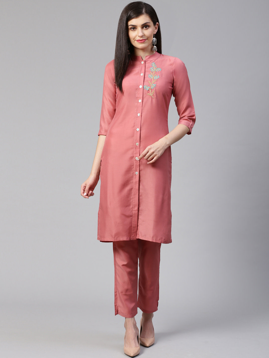 Jompers Women Pink Embroidered Solid Kurta with Trousers