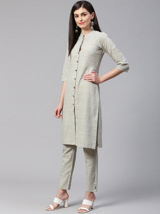 Jompers Women Grey Woven Design Kurta with Trousers