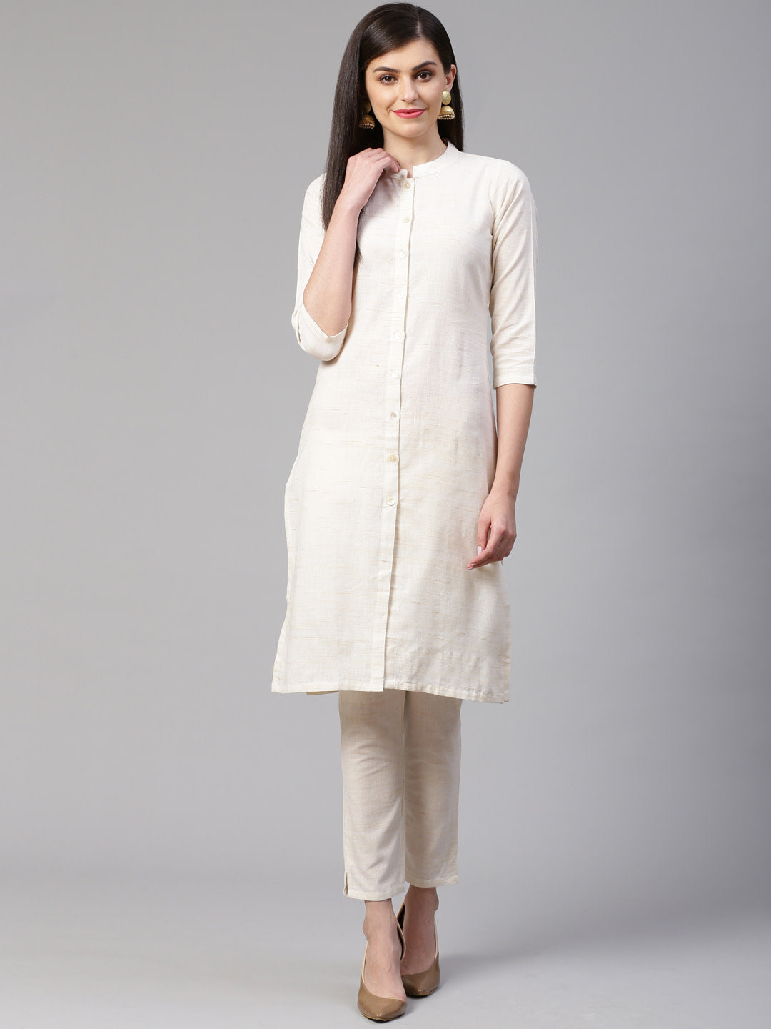 Jompers Women Off-White Woven Design Kurta with Trousers
