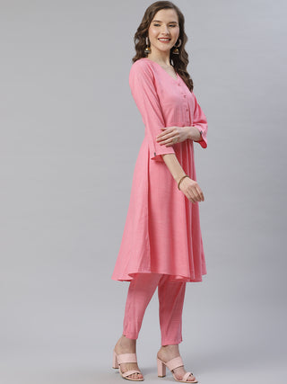 Jompers Women Pink & White Self Design Kurta with Trousers & Dupatta