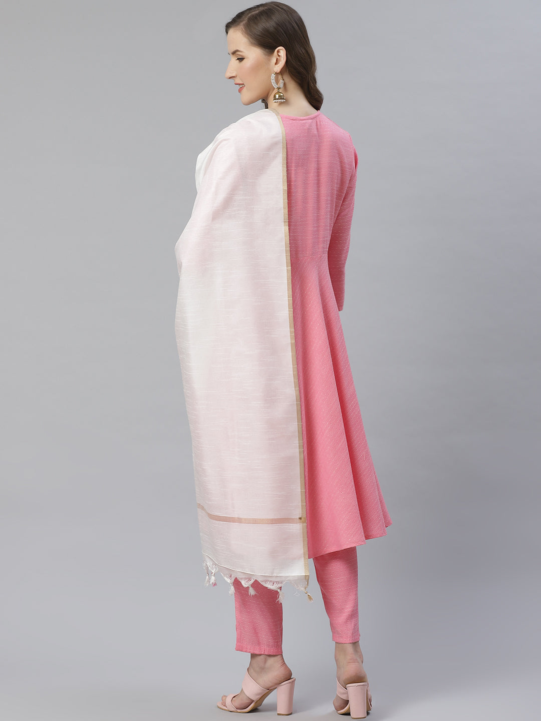 Jompers Women Pink & White Self Design Kurta with Trousers & Dupatta
