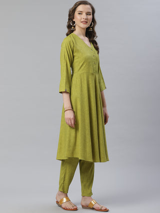 Jompers Women Green & Beige Self Design Kurta with Trousers & Dupatta