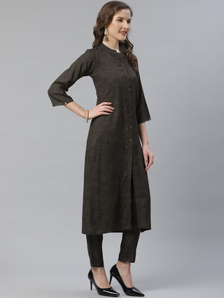 Jompers Women Charcoal Grey & Beige Self Checked Kurta with Trousers & Dupatta