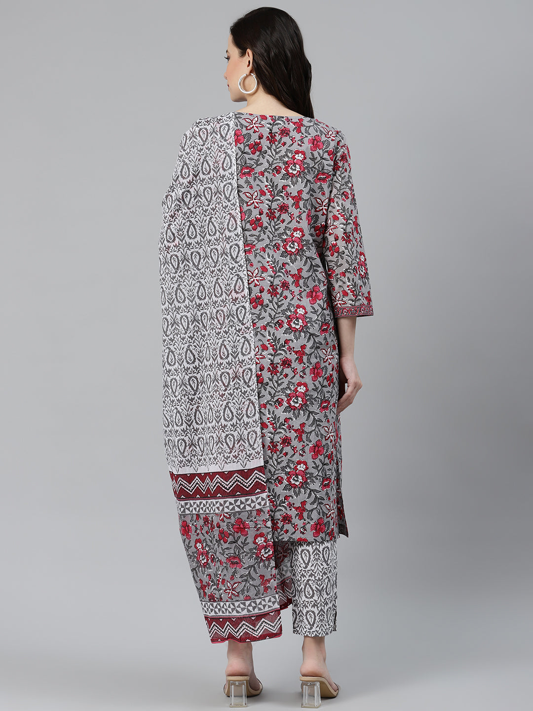 Women Grey & Magenta Block Print Pure Cotton Kurta with Trousers & Dupatta