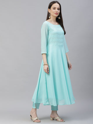 Women Turquoise Blue Embroidered Regular Sequinned Kurta with Trousers & Dupatta