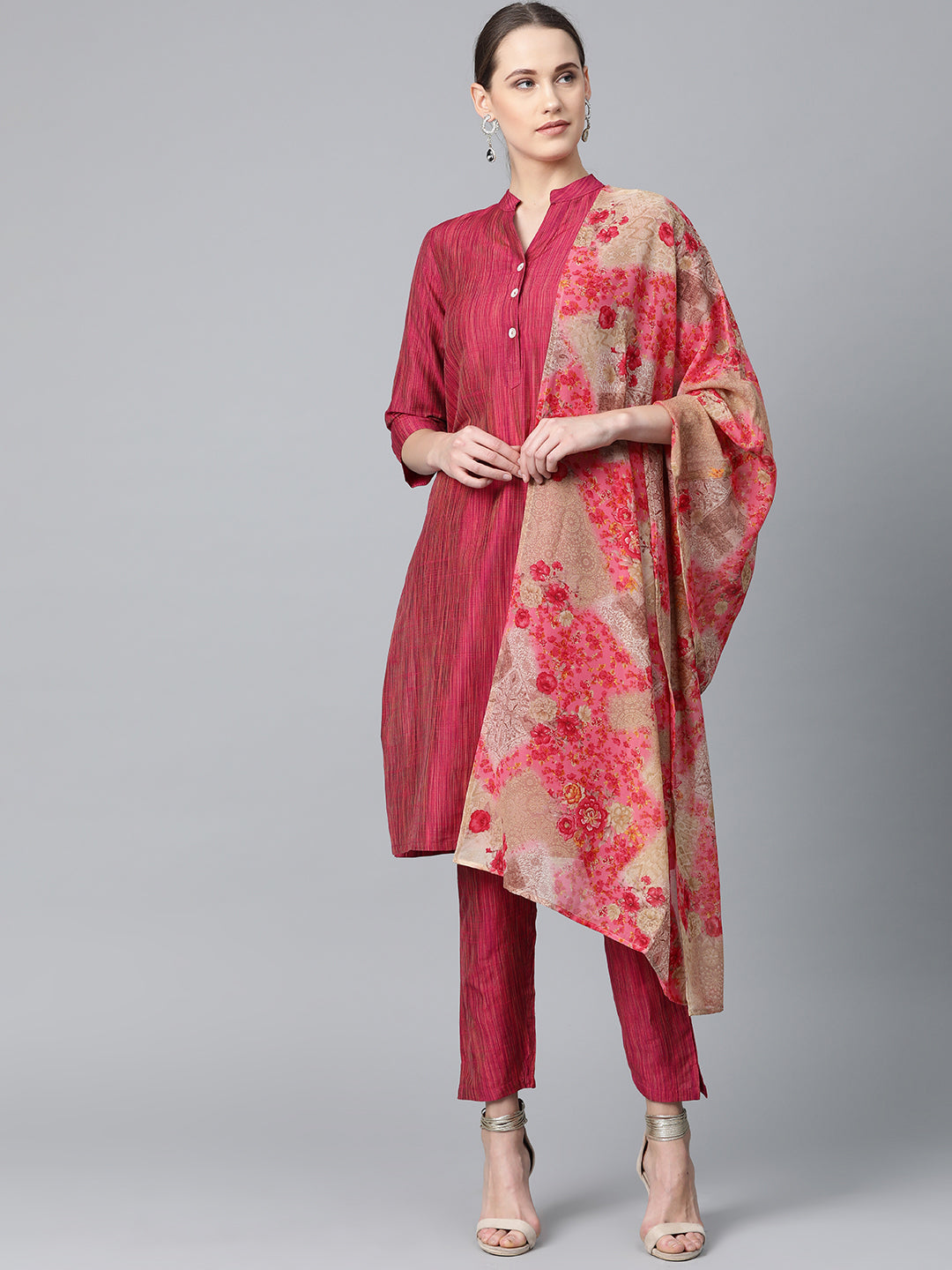 Jompers Women Pink & Beige Self-Striped Kurta with Trousers & Dupatta