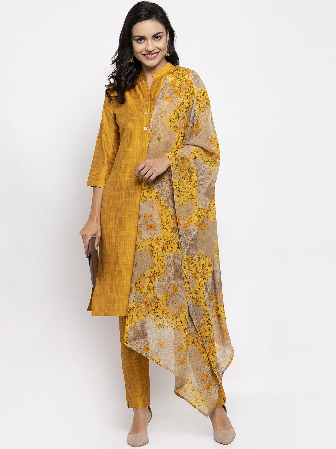 Jompers Women Yellow Self-Striped Kurta with Trousers & Floral Gorgette Dupatta