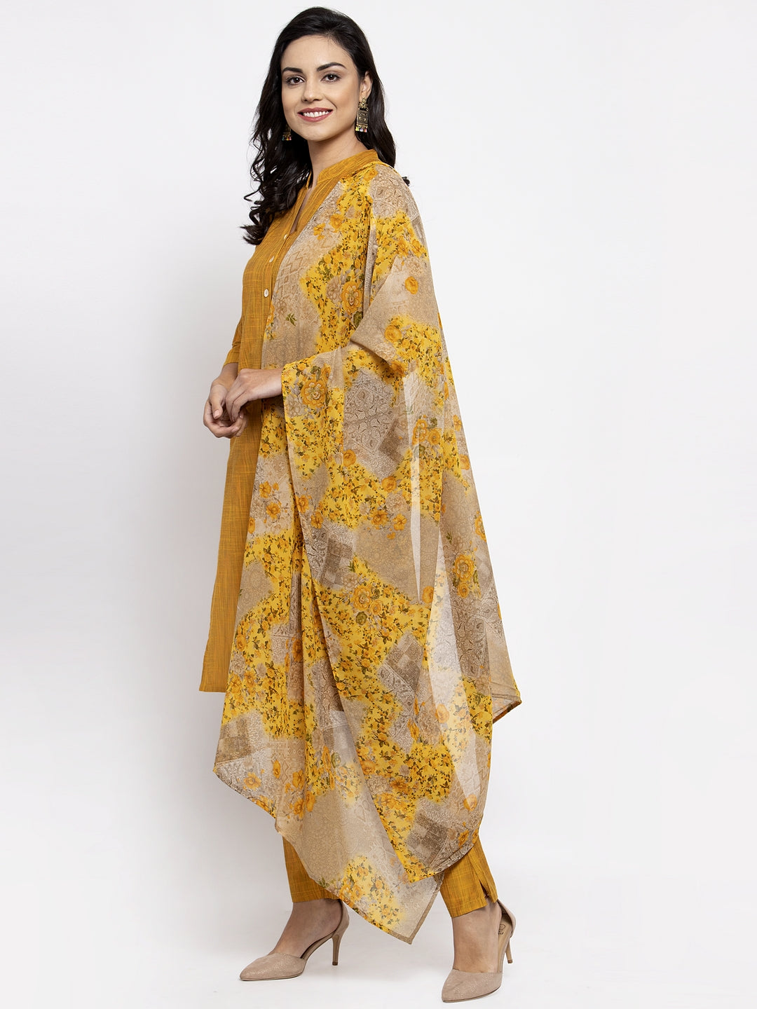 Jompers Women Yellow Self-Striped Kurta with Trousers & Floral Gorgette Dupatta