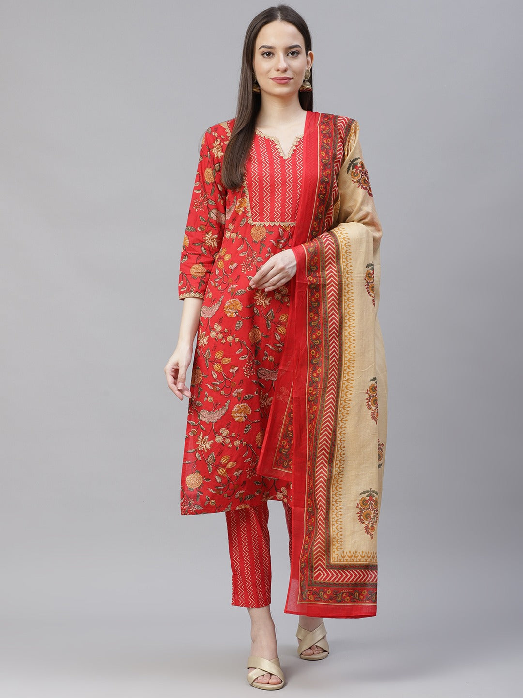 Women Red Ethnic Motifs Printed Regular Pure Cotton Kurta with Trousers & Dupatta
