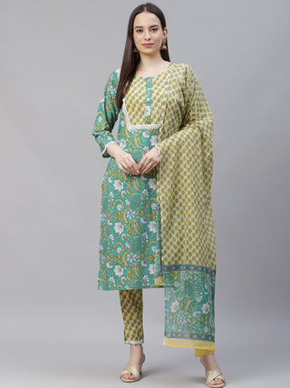 Women Green Ethnic Motifs Printed Pure Cotton Kurta with Trousers & Dupatta