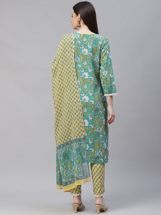 Women Green Ethnic Motifs Printed Pure Cotton Kurta with Trousers & Dupatta