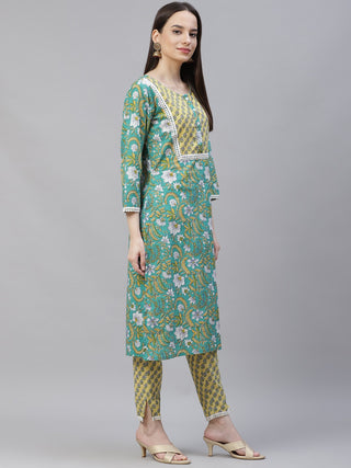 Women Green Ethnic Motifs Printed Pure Cotton Kurta with Trousers & Dupatta