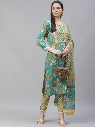 Women Green Ethnic Motifs Printed Pure Cotton Kurta with Trousers & Dupatta