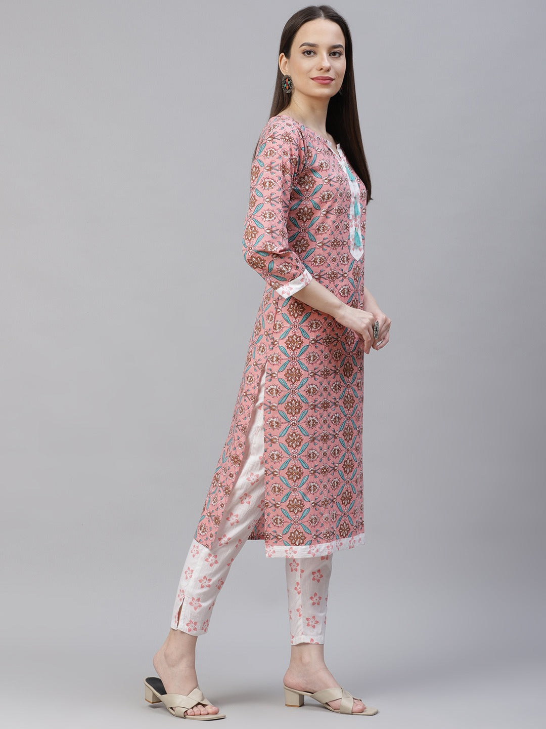 Women Pink & White Ethnic Motifs Printed Pure Cotton Kurta with Trousers & Dupatta