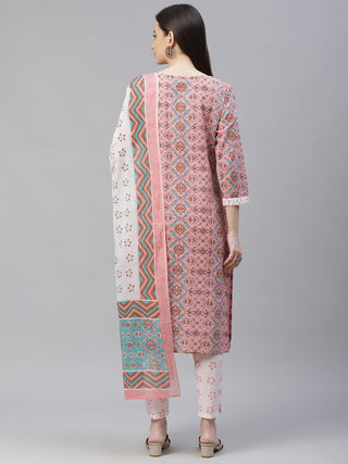 Women Pink & White Ethnic Motifs Printed Pure Cotton Kurta with Trousers & Dupatta