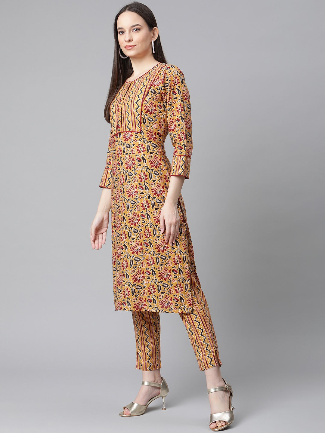 Jompers Women Mustard Yellow & Maroon Floral Pure Cotton Kurta with Trousers & Dupatta