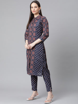 Women Blue & Maroon Printed Regular Pure Cotton Kurta with Trousers & With Dupatta