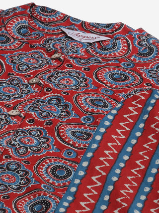 Women  Maroon & Blue Printed Regular Pure Cotton Kurta with Trousers & With Dupatta