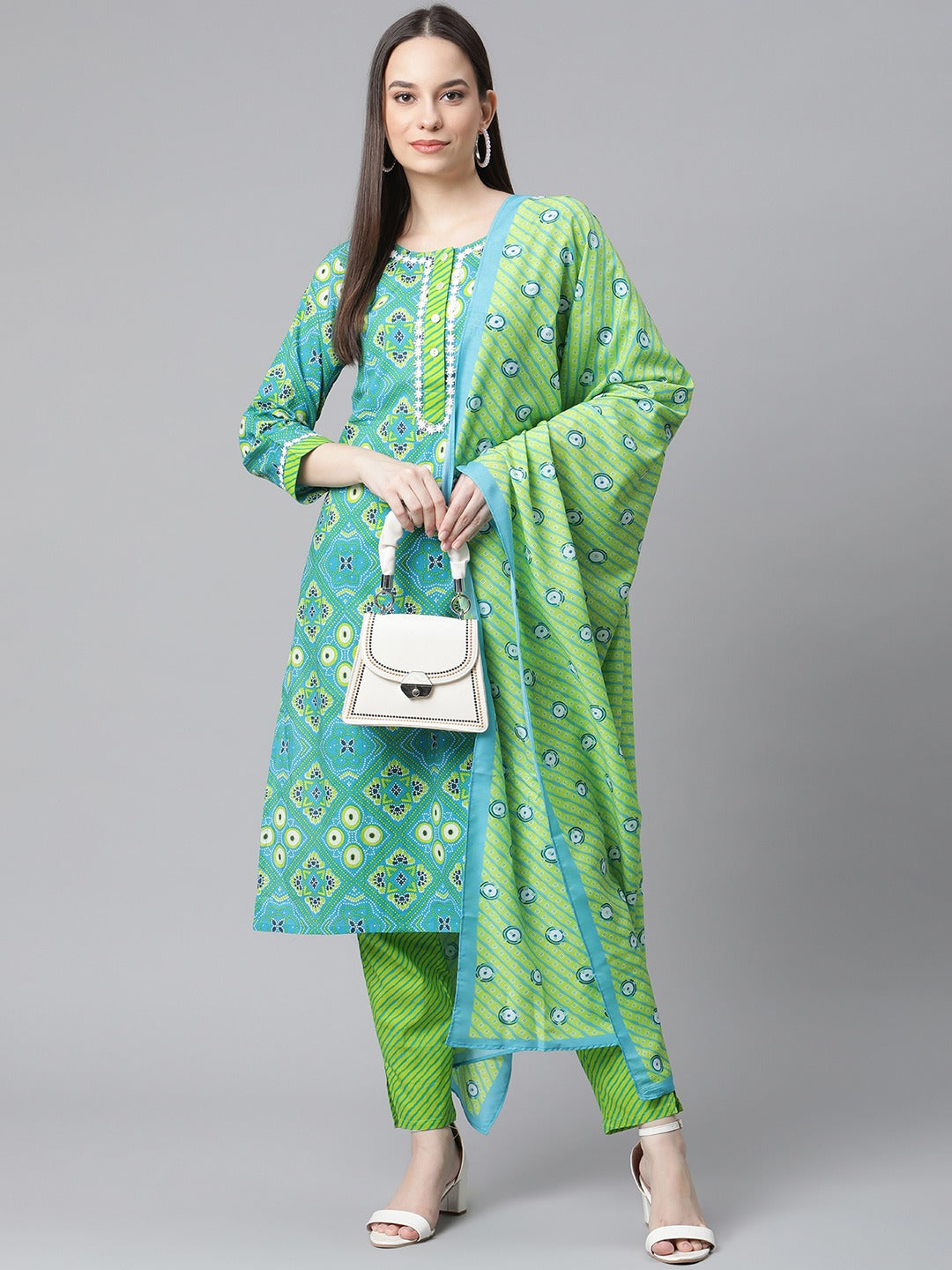 Women Blue & Green Ethnic Motifs Printed Pure Cotton Kurta With Trousers & Dupatta
