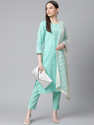 Women Green Floral Printed Regular Pure Cotton Kurta with Trousers & With Dupatta