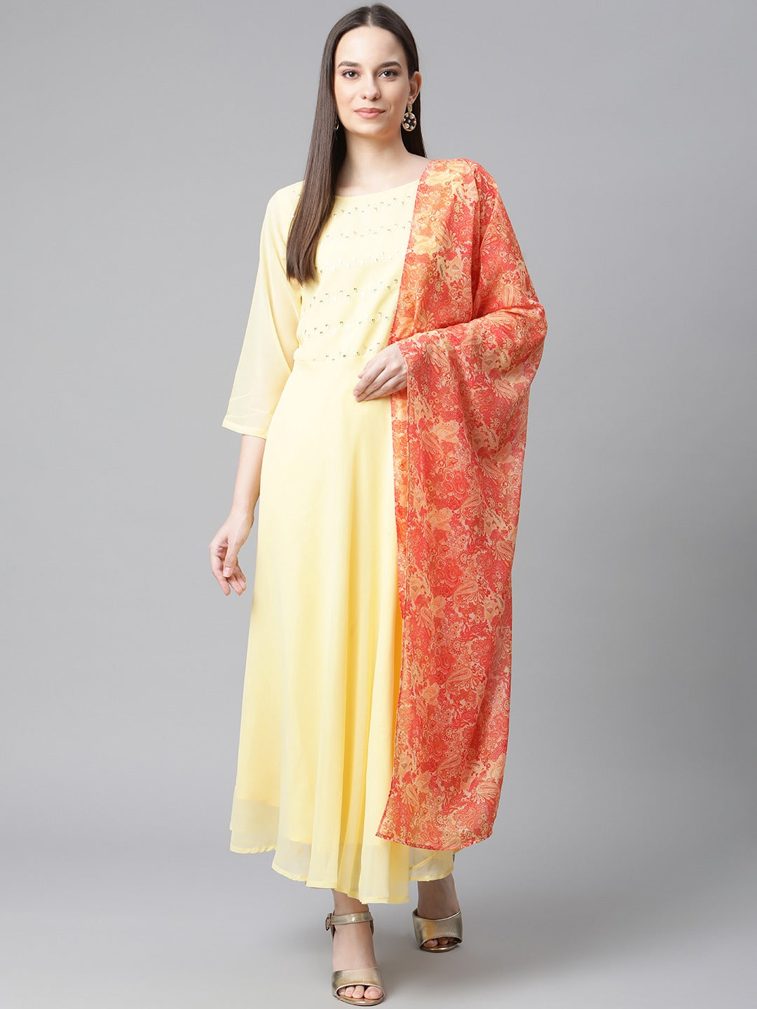 Jompers Women Yellow Embroidered Regular Sequinned Kurta with Trousers & With Dupatta