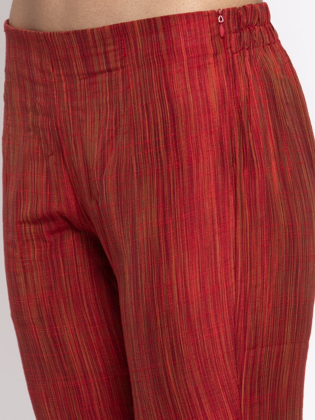 Jompers Women Red Self-Striped Kurta with Trousers & Georgette Dupatta