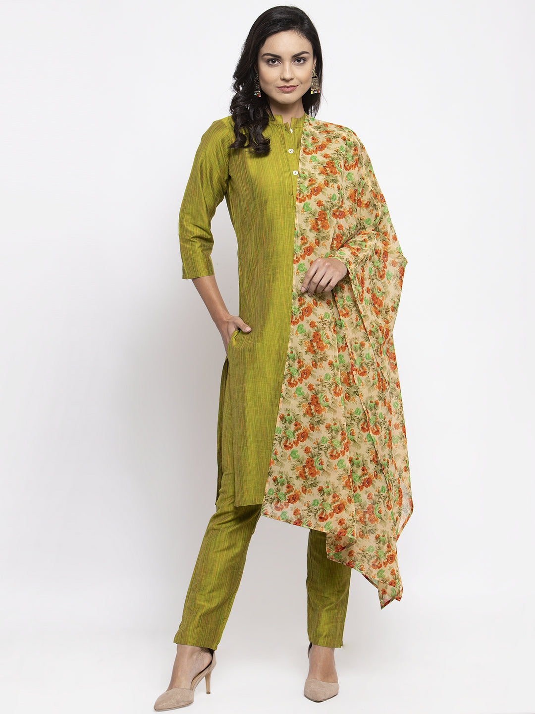 Jompers Women Green Self-Striped Kurta with Trousers & Floral Georgette Dupatta