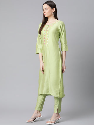Women Green Embroidered Regular Kurta with Trousers & With Dupatta
