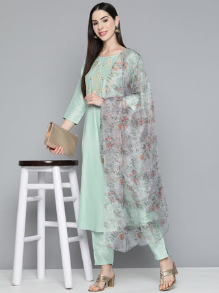 Green Floral Embroidered Mirror Work Kurta with Trousers & With Dupatta