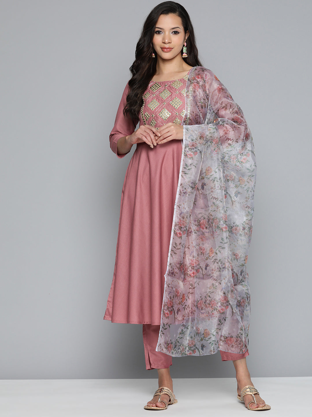 Pink Floral Embroidered Mirror Work Kurta with Trousers & With Dupatta