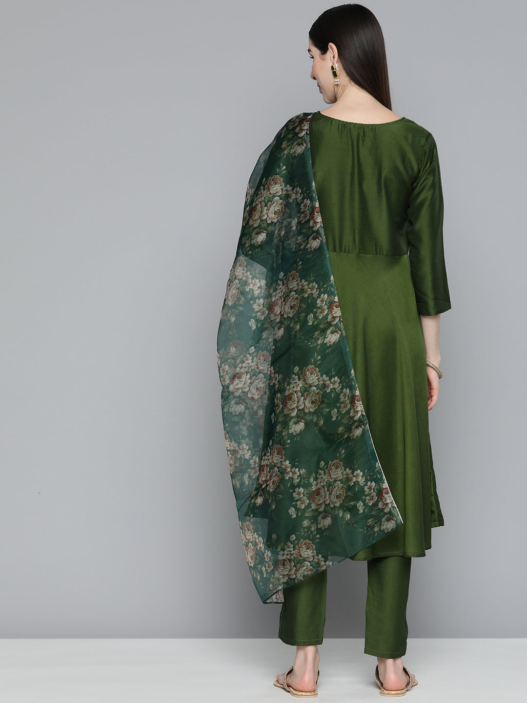 Olive Green Floral Embroidered Mirror Work Kurta with Trousers & With Dupatta