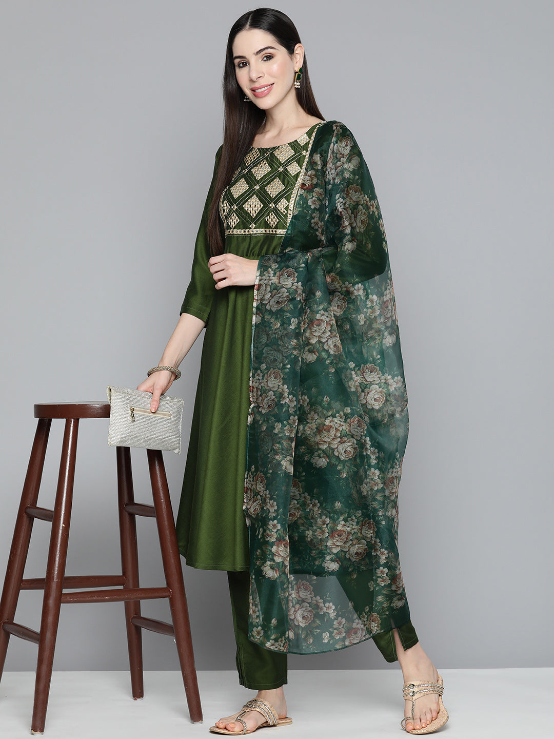 Olive Green Floral Embroidered Mirror Work Kurta with Trousers & With Dupatta