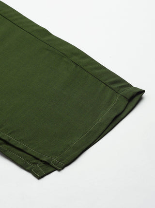 Olive Green Floral Embroidered Mirror Work Kurta with Trousers & With Dupatta