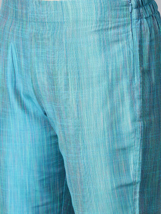 Jompers Women Blue & Green Self-Striped Kurta with Trousers & Dupatta