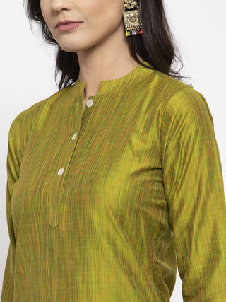 Jompers Women Green Self-Striped Kurta with Trousers & Art Silk Dupatta