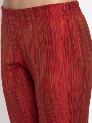 Jompers Women Red Self-Striped Kurta with Trousers & Art Silk Dupatta