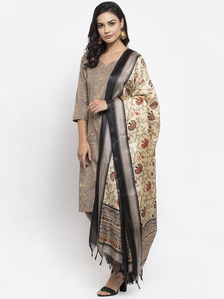 Women Grey Striped Kurta with Trousers & Beige-Red Printed Dupatta