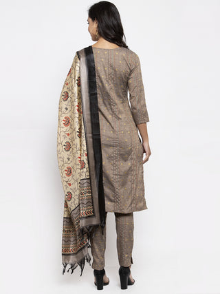 Women Grey Striped Kurta with Trousers & Beige-Red Printed Dupatta