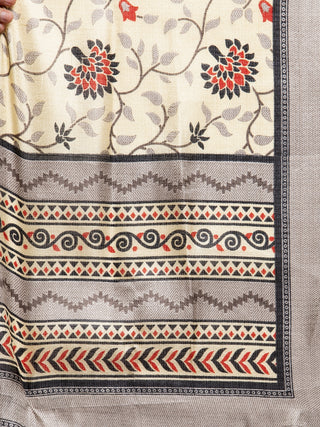 Women Grey Striped Kurta with Trousers & Beige-Red Printed Dupatta