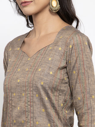 Women Grey Striped Kurta with Trousers & Beige-Red Printed Dupatta