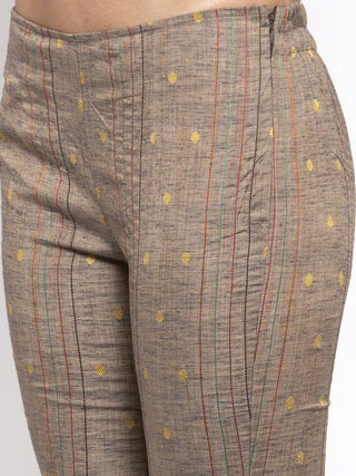 Women Grey Striped Kurta with Trousers & Beige-Red Printed Dupatta