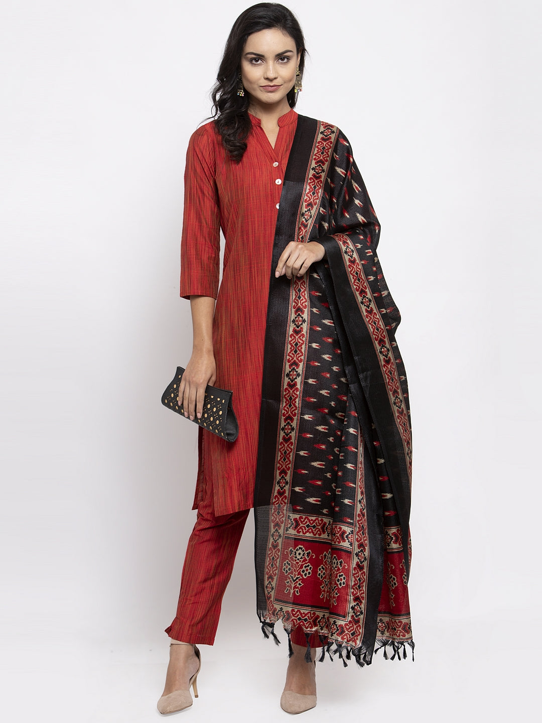 Jompers Women Red Self-Striped Kurta with Trousers & Art Silk Printed Dupatta