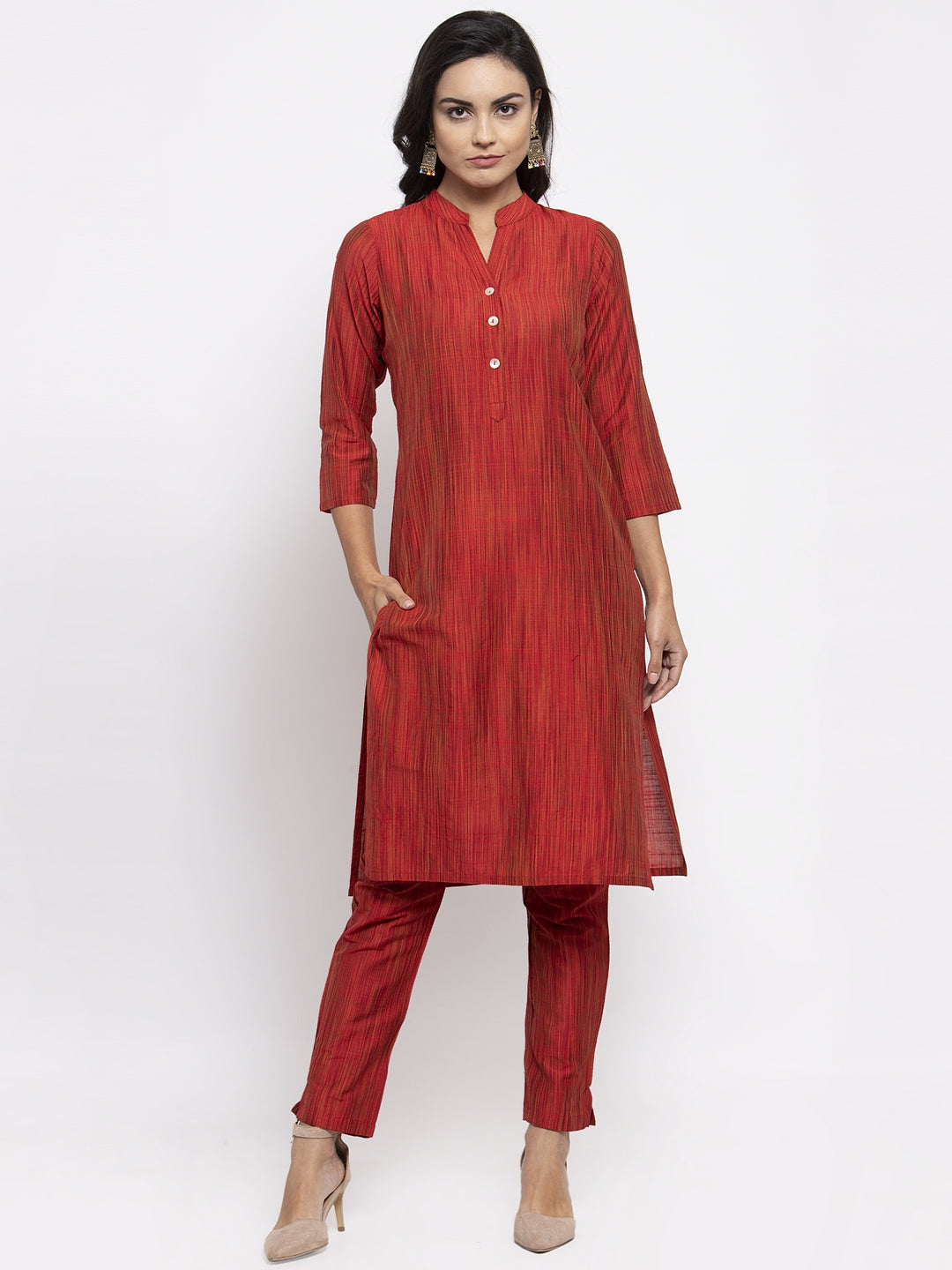 Jompers Women Red Self-Striped Kurta with Trousers & Art Silk Printed Dupatta