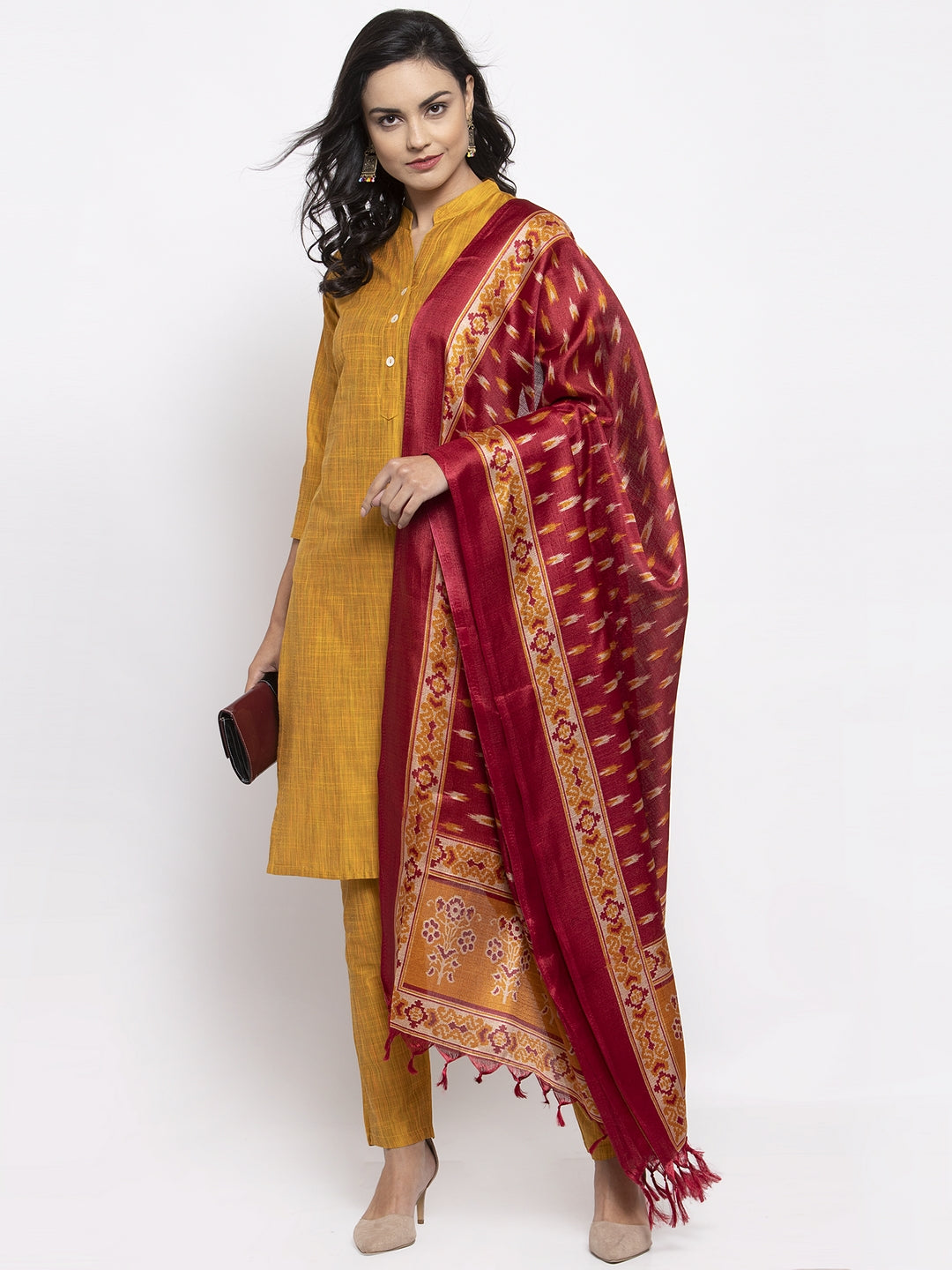 Jompers Women Yellow Self-Striped Kurta with Trousers & Art Silk Printed Dupatta