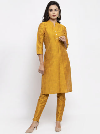 Jompers Women Yellow Self-Striped Kurta with Trousers & Art Silk Printed Dupatta