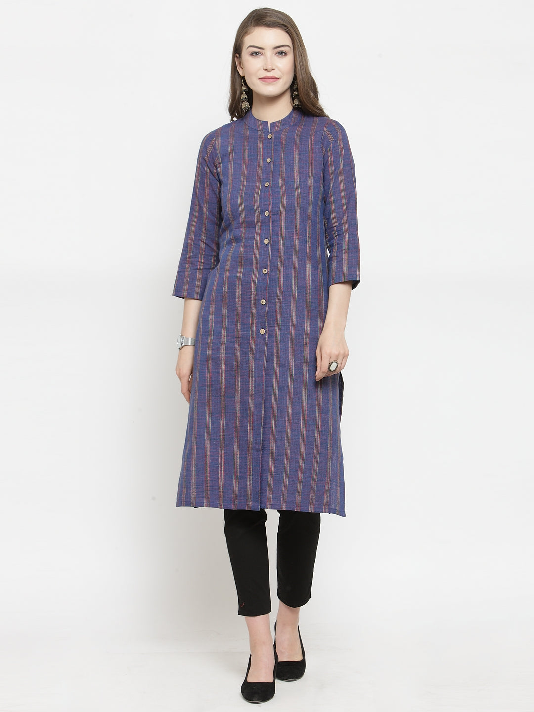 Jompers Women Blue Blue Striped Cotton-blend Straight Kurta