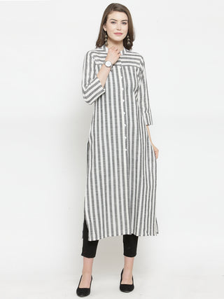 Jompers Women Grey & Off-White Striped Cotton Straight Kurta