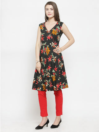 Jompers Women Black & Red Floral Printed Rayon A-Line Kurta