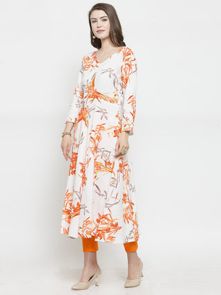 Jompers Women White & Orange Floral Printed Rayon Flared Kurta
